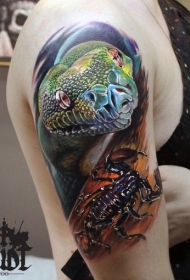现实主义风格的彩色蛇与蝎子纹身图案