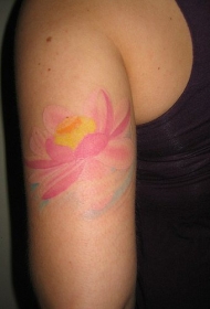 女性肩部彩色温柔的莲花纹身