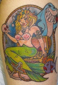 腿部彩色卡通美人鱼和鲨鱼纹身