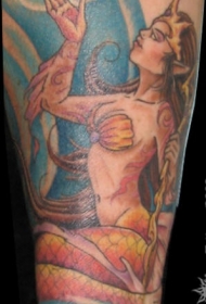 腿部彩色海美人鱼公主纹身图案