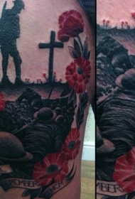 肩部彩色纪念军人与鲜花纹身图案