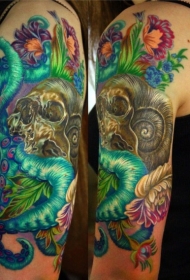 肩部彩色人类头骨与章鱼纹身图案