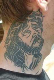 脖子灰色墨水老式宗教耶稣肖像纹身