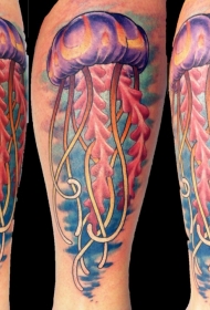 腿部彩色奇妙的水母纹身图案