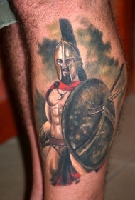腿部彩色逼真的斯巴达战士纹身图案