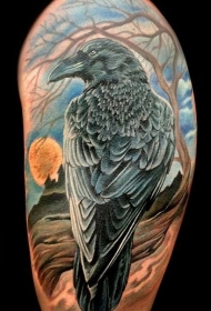 肩部逼真的深色乌鸦纹身图案