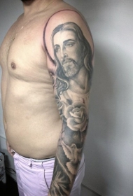 花臂宗教风格耶稣与鸽子纹身图案