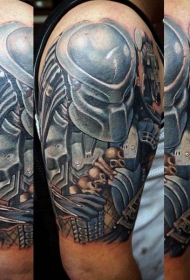 肩部彩色带有人类头骨的铁血战士纹身图案