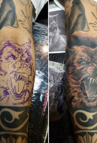 手臂彩色咆哮的狼人纹身图片
