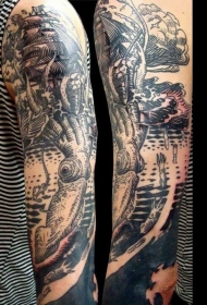 老式黑色海洋大野兽攻击船的纹身图案