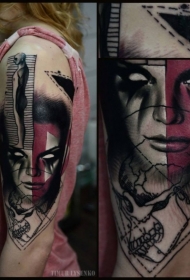 肩部恶魔的女人肖像骷髅纹身图案