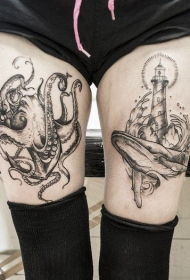 腿部黑色简约章鱼和大灯塔纹身图案