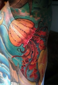 肩部彩色大水母插画式纹身图片