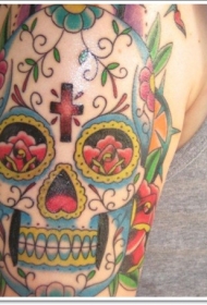 肩部彩色墨西哥骷髅纹身图案