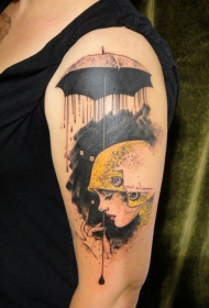 不寻常的风格彩绘妇女与伞纹身图案