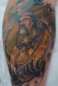 腿部彩色维京海盗船战士纹身图案