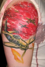 肩部插画风格彩色二战飞机纹身图案