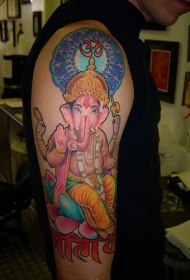 肩部彩色印度象神纹身图片