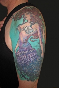 肩部彩色海底美人鱼纹身图案