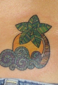 腰部彩色棕榈树太阳和海浪纹身图片