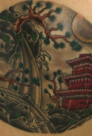 肩部圆形日本景观纹身图案