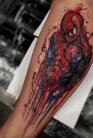 腿部全新风格的彩色蜘蛛侠纹身图案