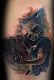 腿部水彩画风电影浣熊战士纹身图案