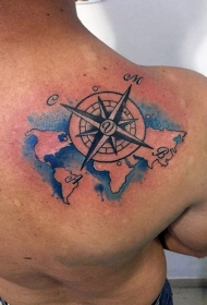 肩部彩色航海主题地图纹身图案