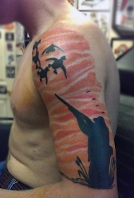 肩部彩色狩猎主题猎人纹身图案