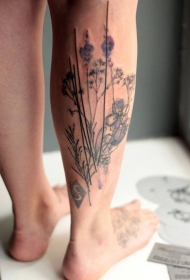 腿部彩色小清新花朵纹身图案