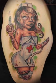 肩部彩色注射僵尸护士纹身图案