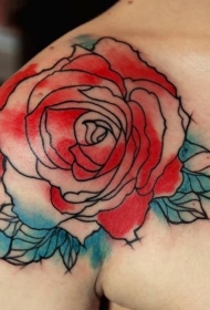 肩部水墨彩色玫瑰纹身图案