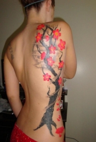 男性腰侧彩色樱花树纹身图案