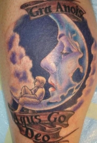 腿部彩色月亮与小男孩纹身图片