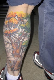 腿部彩色女性大树纹身图案