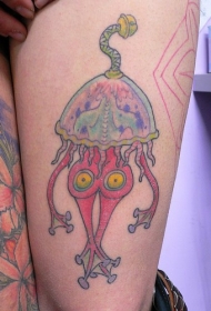 腿部彩色卡通疯狂水母纹身图片