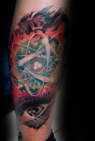 腿部彩色有趣的原子纹身图案
