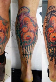 腿部彩色冻鱼和章鱼纹身图片
