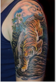惊人的彩色逼真的老虎下山纹身图案