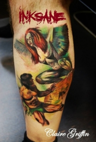 腿部插画风格彩色的恶魔战士纹身图片