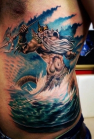 腰部彩色愤怒的海神纹身图案