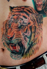 腹部写实咆哮的老虎纹身图案
