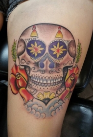 腿部墨西哥传统彩色骷髅纹身图片