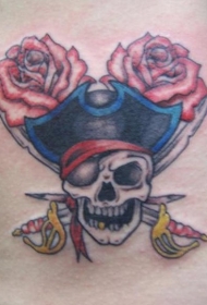 腰部彩色海盗骷髅玫瑰纹身图案