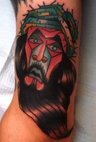 腿部彩色耶稣肖像纹身图案
