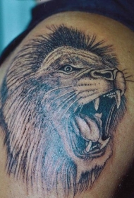 肩部黑棕色咆哮的狮子纹身图片