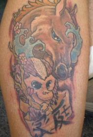 腿部彩色马与猴子纹身图案