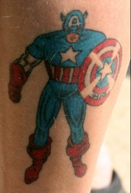 腿部彩色漫画美国队长纹身图案