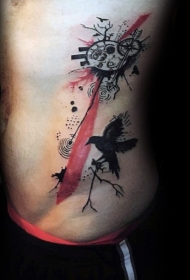 腰侧彩色现代风纹乌鸦与饰品纹身图案