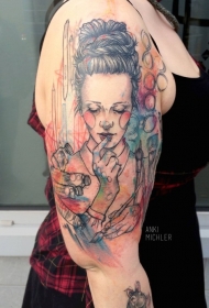 肩部素描风格彩色甜蜜女人纹身图案